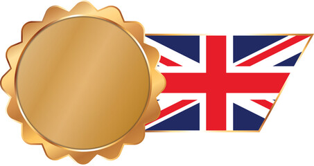A shiny gold award seal featuring a circular metallic center with a flag of UK on ribbon with gold outline