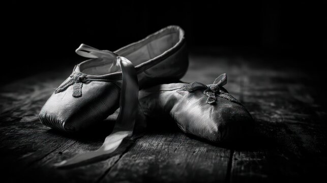 Well-worn ballet shoes, ribbons trailing, rest on aged, wooden surface in dark setting