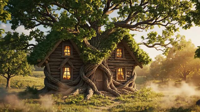 Sapling grows into a large tree. Branches and roots intertwine, forming a rustic wooden house. Magical nature concept.