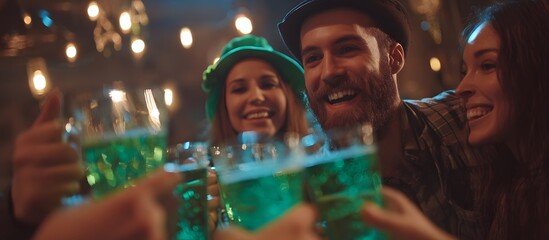 Friends celebrating St. Patrick's Day in a irish pub drinking green beer