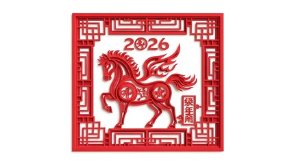 Red Paper Cut Style Horse in Ornate Frame with 2026
