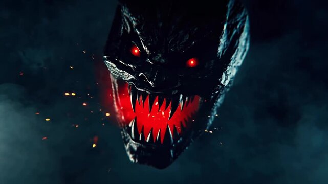 Cinematic close-up terrifying monster mask sharp jagged teeth glowing red eyes, dark moody lighting fog rolling sparks embers floating air, ominous cinematic shadows, high detail textures skin teeth