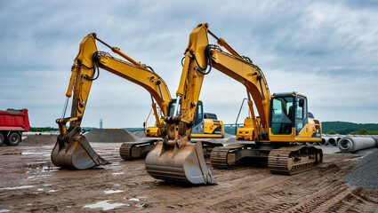 Two yellow excavators on construction site with cloudy sky ©  Blar Studio
