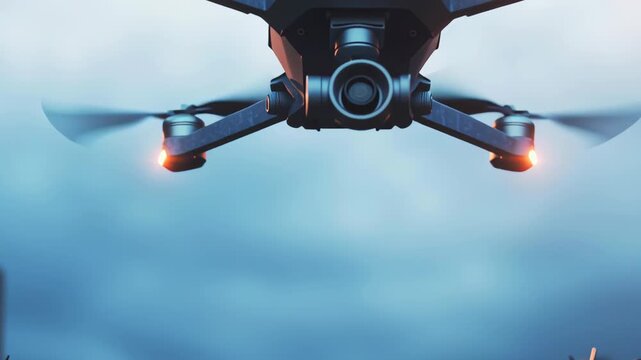 Flying drone captures barbed wire fence at sunset near industrial area or prison