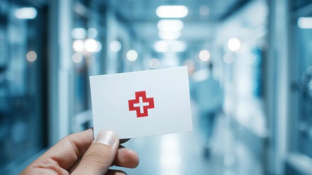 Hand holds medical card in hospital corridor during busy day