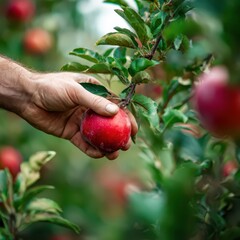 Hand Holding Red Apple in Vibrant Orchard Environment
