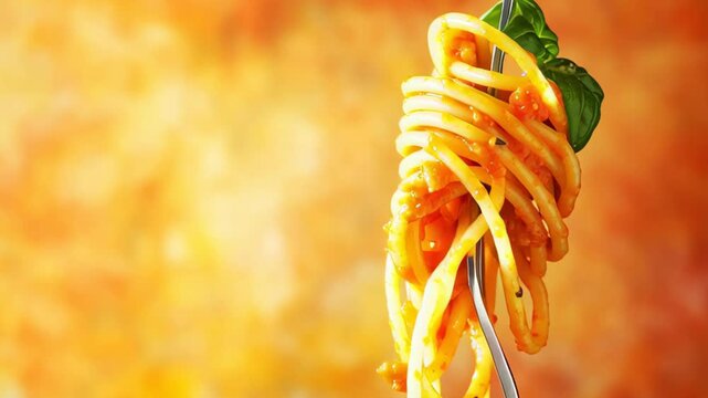 Fork with spaghetti and basil on a colorful background in a kitchen