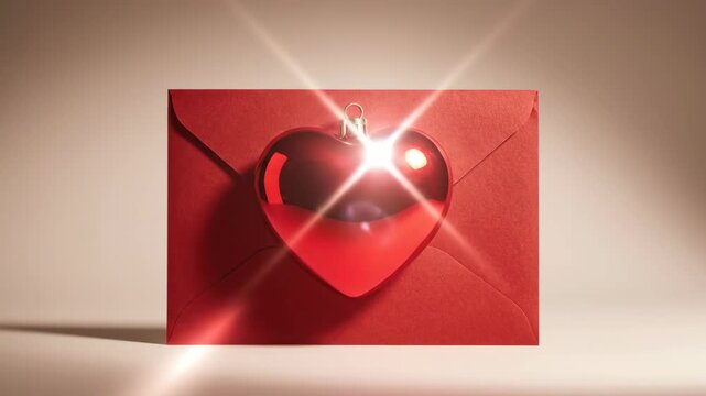 A red envelope is adorned with a heartshaped ornament with a starburst reflection