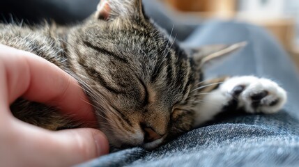 Cozy Cat Relaxing with Human Hand Petting in a Comfortable Setting