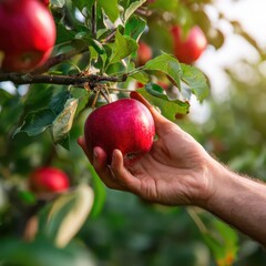 Hand Reaching for Red Apple on Tree Branch in Beautiful Orchard