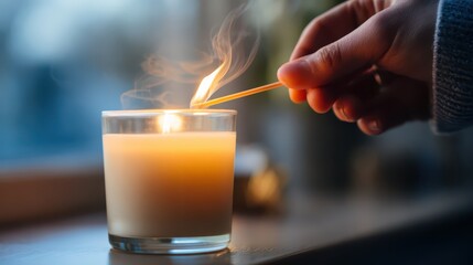 Hand Lighting Scented Candle with Matchstick in Soft Ambient Light