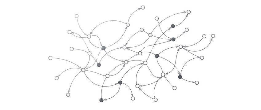 Abstract representation of connected dots with lines forming a network or structure in grayscale plain white background and png