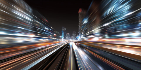 High speed driving on a motorway in a big city at night