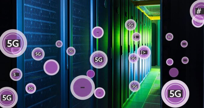Animation of circles with 5g and special characters text over data server racks