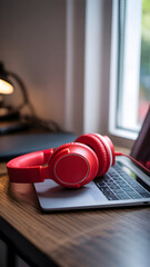 Red Wireless Headphones Resting on Laptop Keyboard on Wooden Desk