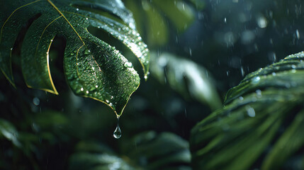 Macro green leaf with slow forming droplet about to fall, dewy textured cinematic close-up