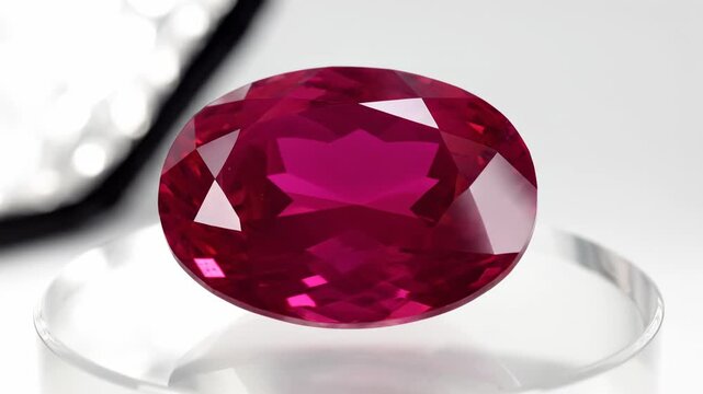 Ruby gemstone slowly rotates on a clear stand. Its faceted cut reflects brilliant light. A luxurious precious jewel.