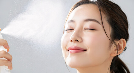 Close-up of a woman's face as she applies facial mist, refreshing skincare routine