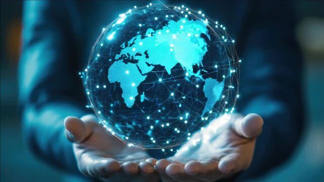 Digital technology concept ry featuring human hand cradling a globe symbolizing global connectivity and worldwide communication through modern network systems.