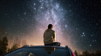 Person Gazing at Stars from Car Rooftop in Night Sky Panorama