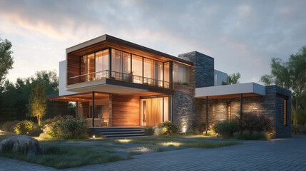 Fototapeta premium a stunning luxury modern villa featuring sleek stone and wood architecture, large glass windows with warm interior lighting, and a spacious patio at sunset for a high-end residential lifestyle.