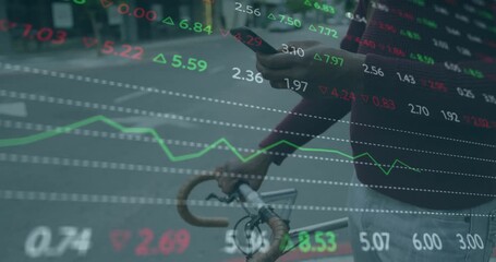 Animation of financial data processing over african american businessman using smartphone - Powered by Adobe