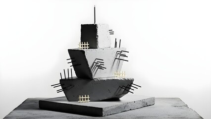 An abstract black-and-white architectural sculpture with sharp geometric forms, stacked and intersecting like a futuristic ship or deconstructed building. Minimalist composition, high contrast lightin