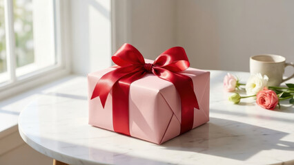Beautifully wrapped gift box with red ribbon sits on marble table, surrounded by fresh flowers, evoking sense of joy and celebration