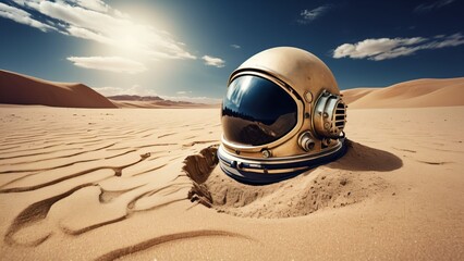 Abandoned Astronaut Helmet in Sand Dunes