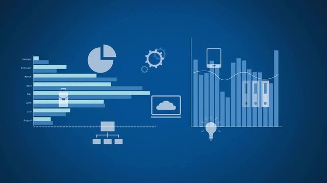 Animation of diagrams and media icons over blue background