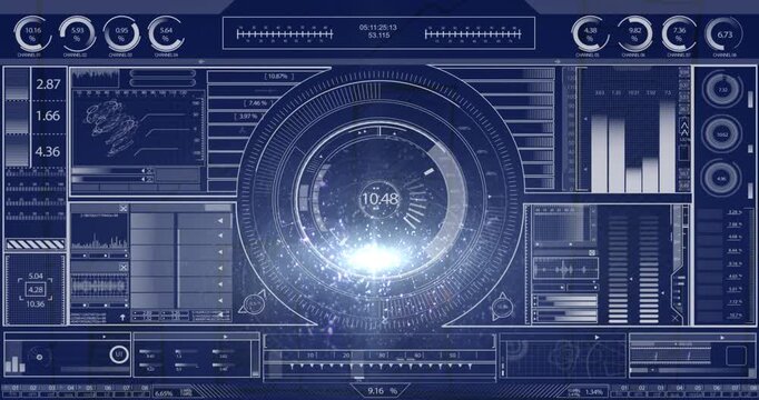 Animation of circular scanner and charts processing data on interface screen