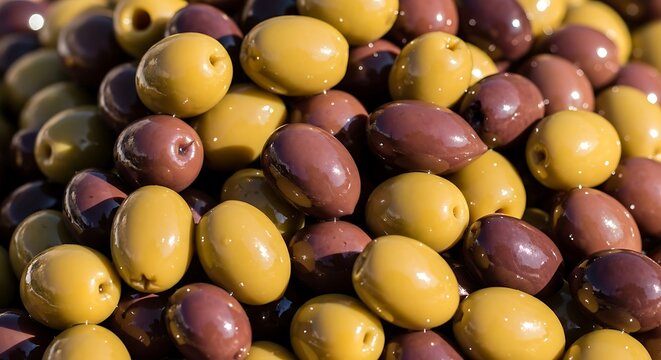 Vibrant close-up shot featuring a glossy mix of pitted green and dark brown olives