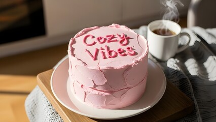 beautiful simple strawberry cream cake with a cup of tea inside it is written cozy vibes  
