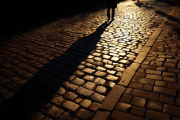 Shadow on Cobblestone Pathway in Golden Hour Light Reflection