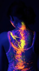 Vibrant Neon Body Art Under Ultraviolet Light on Back of Person