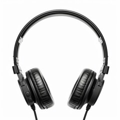 Fototapeta premium Black headphones with leatherette earcups standing on a white background