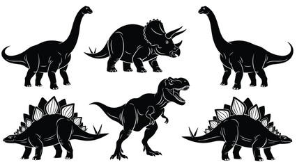 lack vector silhouettes of various prehistoric dinosaurs including Brachiosaurus Triceratops Stegosaurus and Tyrannosaurus Rex isolated on white background for creative design. © Ahahila