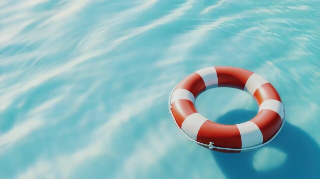 Red and white life preserver ring floating on calm blue water.