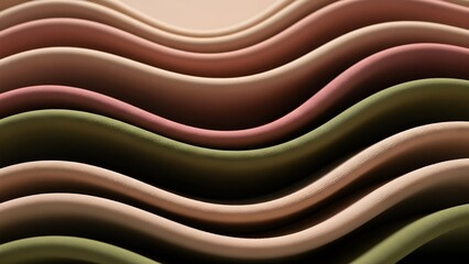 Abstract flowing layers of soft wavy shapes in earthy tones, smooth curves creating a calm rhythm, minimal modern design with gentle depth and balanced lighting.