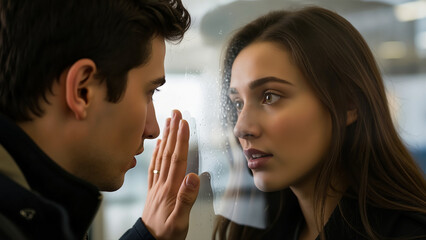 A dramatic first look moment couple reaching for each other through a glass window pane, illustrating connection and longing.