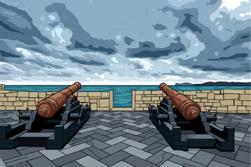 Medieval cannon on the historic city walls of Alghero. Sardinia, Italy