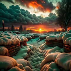 snow covered trench with sandbags and bare trees under dramatic sunset sky in winter battlefield scene