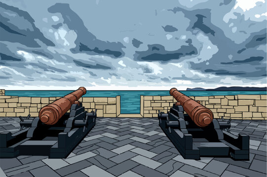 Medieval cannon on the historic city walls of Alghero. Sardinia, Italy