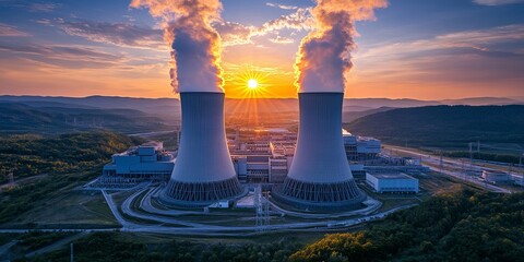 Obraz premium Aerial View of a Modern Nuclear Power Plant at Sunset, Surrounded by Lush Greenery and Calm Waters