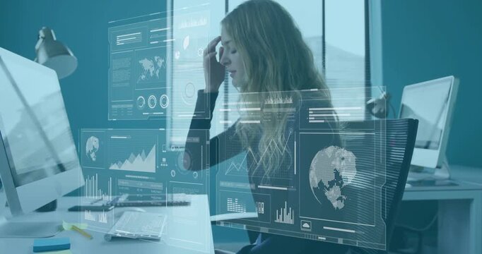 Woman typing revealing data panels with charts and map for business analysis tapping rubbing temple