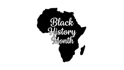 Black history month africa continent map with text overlay on transparent background