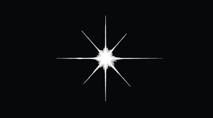 Eight-point white starburst radiating against black background, symbolizing brightness, guidance, and focal energy through symmetrical rays and luminous contrast for artistic, thematic, and visual des