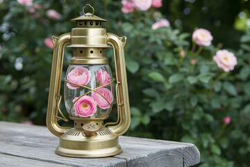 Vintage Lantern Filled with Pink Roses on a Wooden Surface