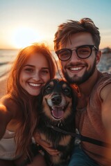 Fototapeta premium A young man and woman posing for a selfie with their brown and black dog against the backdrop of a beautiful sunset.