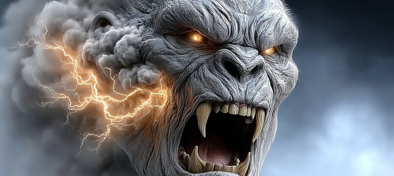 Ferocious Creature in Storm Raging Anger Erupts from Monstrous Fury Amidst Lightning and Darkness